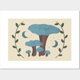 Moon and Mushrooms - Blue Posters and Art